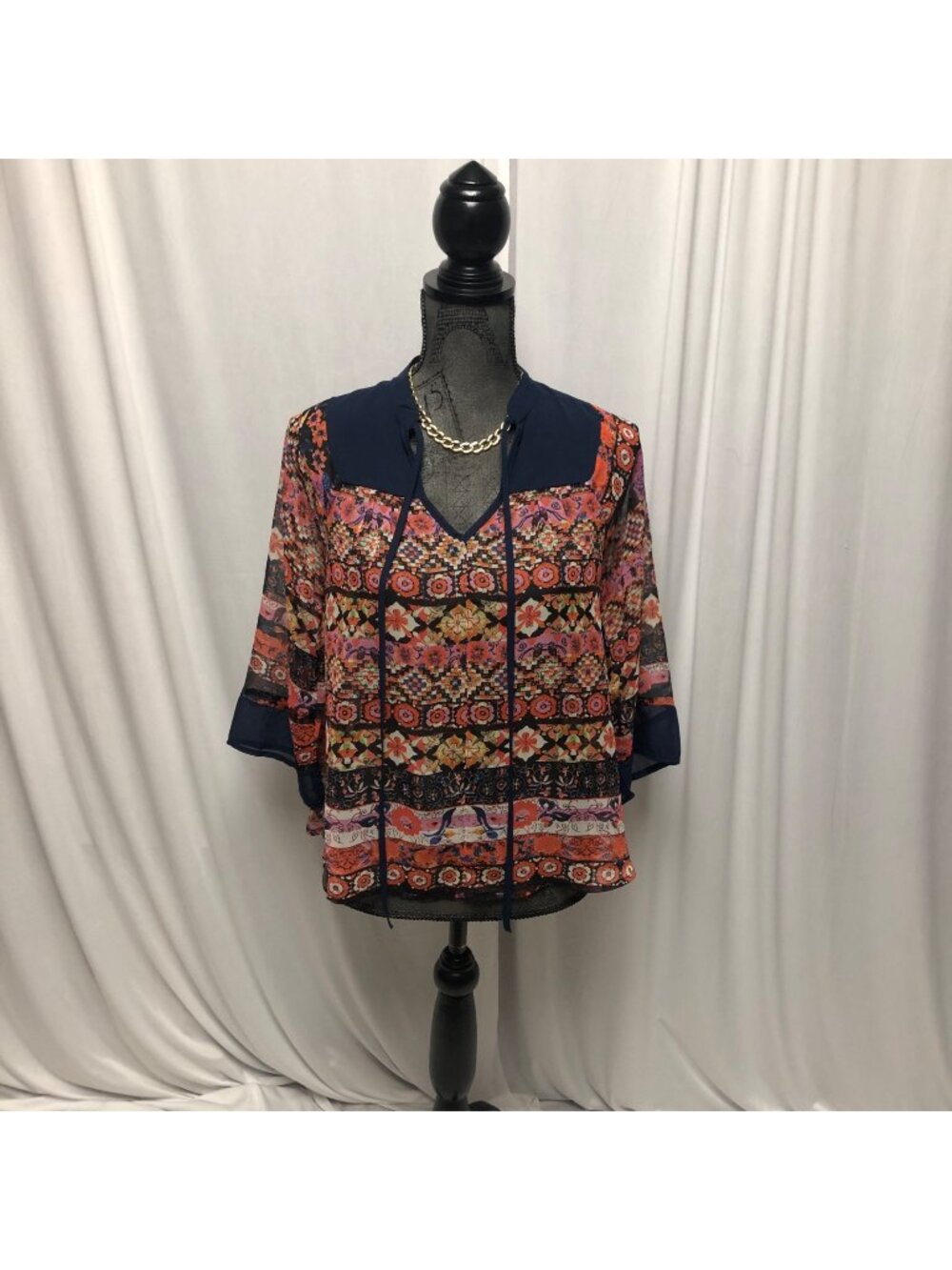 Very J Top Womens Sz Small Sheer Navy Orange Red Floral Lightweight Blouse Boho
